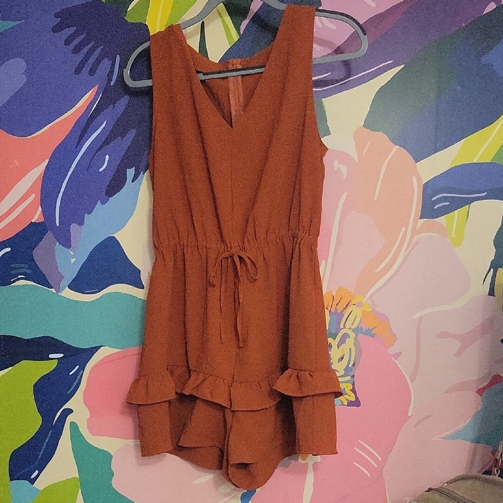 Rust Sleeveless Romper with Ruffle Hem